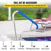48x36 Pool Railing 304 Stainless Steel 250lb Load Capacity Silver Rust-Proof Pool Handrail With Blue Grip Cover and M8 Drill Bit and Self-Drilling Screws